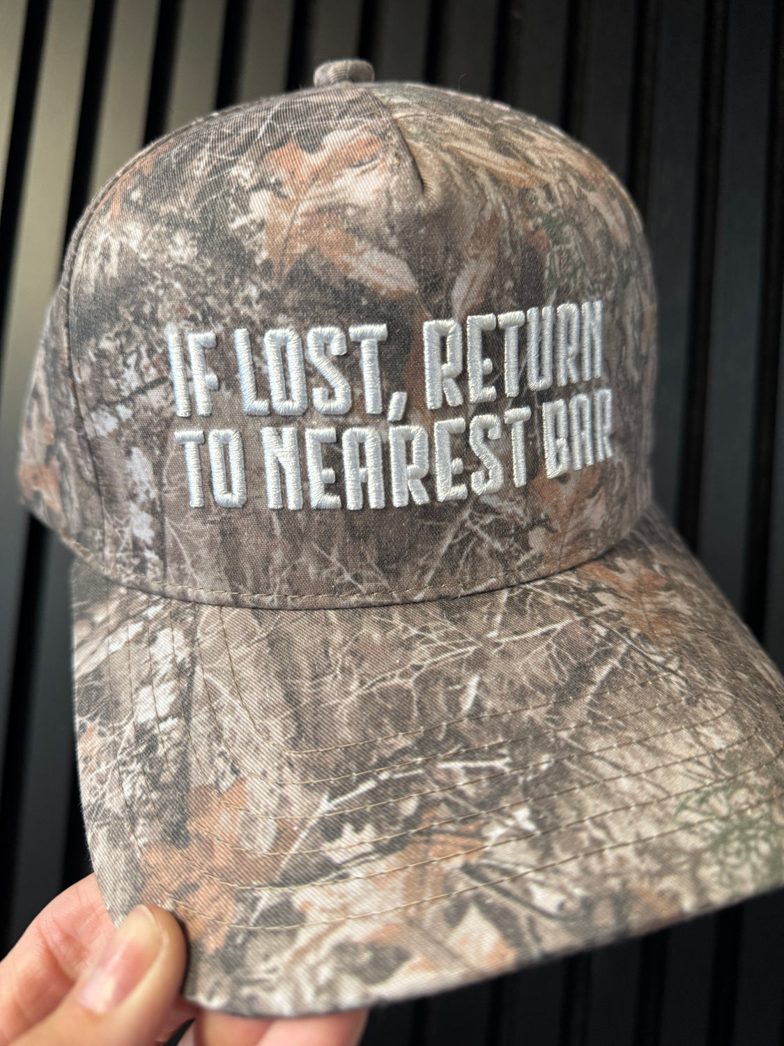 If Lost, Return to Bar Camo Trucker Hat