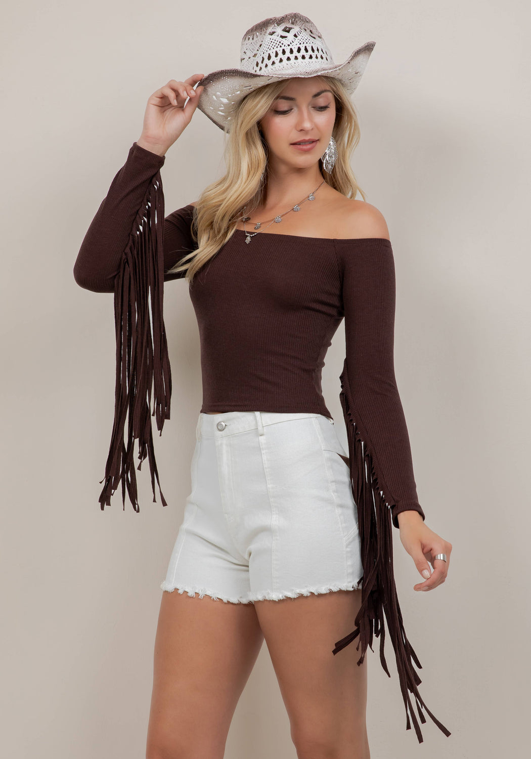 ST7130A BROWN FRINGE SLEEVE OFF THE SHOULDER TOP