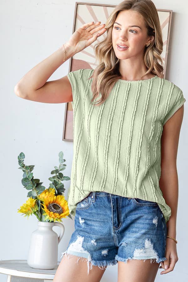 Textured Sage Stripe Cap Sleeve Tee