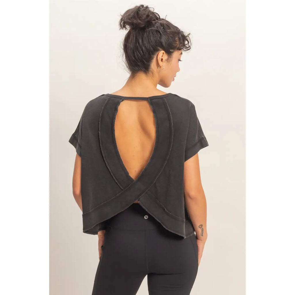 Cross Over Black Open Back Crop Tee