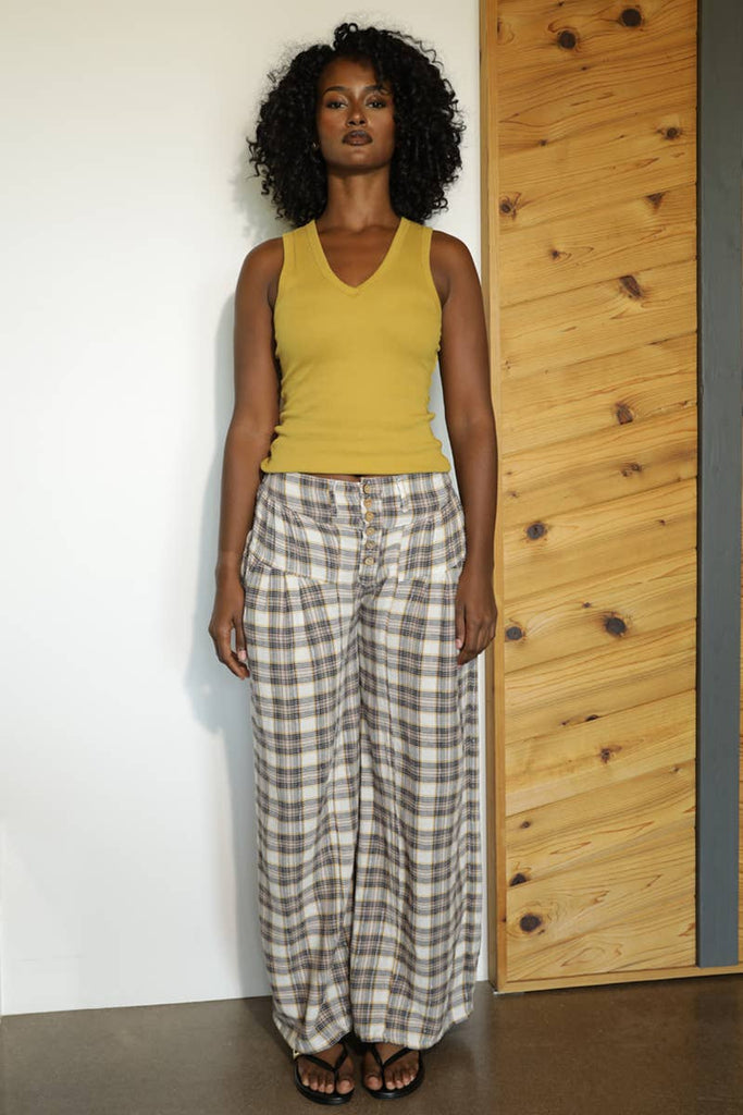 Buttoned Up Plaid Wide Leg Pants