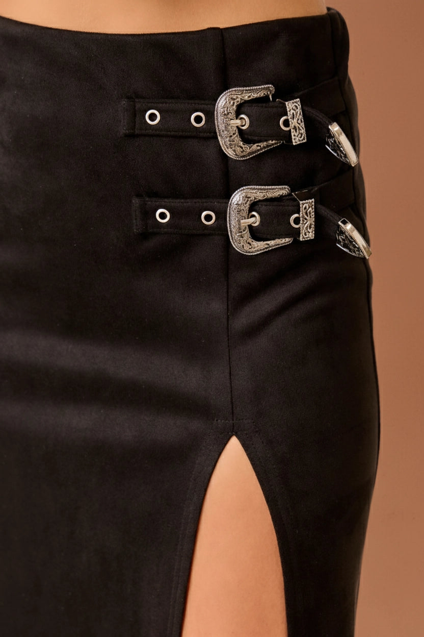 Double Buckle Black Suede Skirt