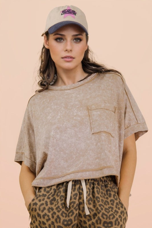 Mineral Washed Taupe Crop Tee