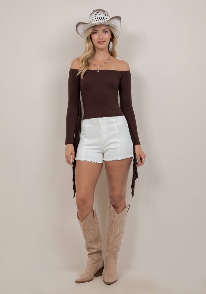 ST7130A BROWN FRINGE SLEEVE OFF THE SHOULDER TOP
