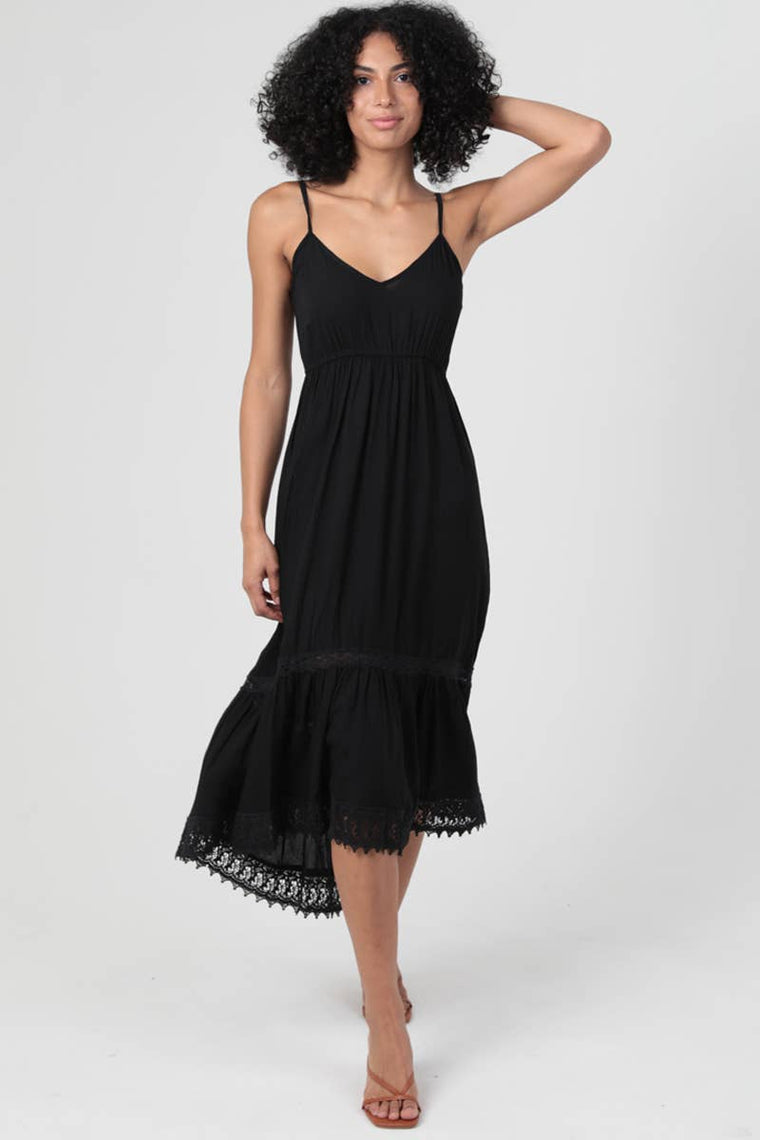 Lace Trimmed Black Midi Dress