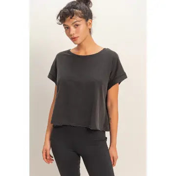 Cross Over Black Open Back Crop Tee