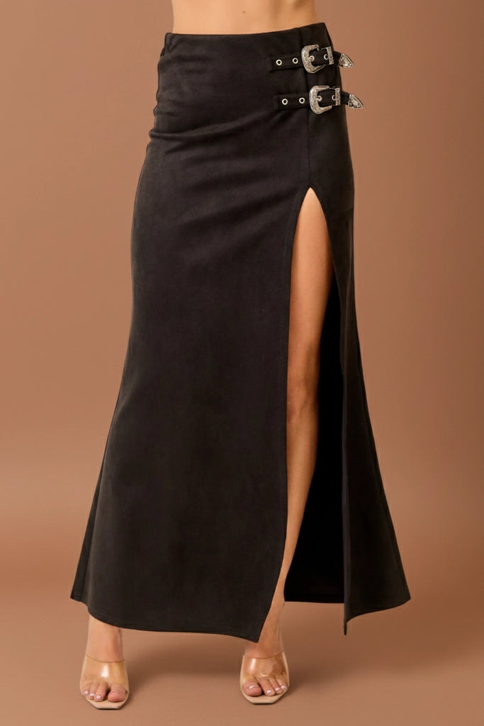 Double Buckle Black Suede Skirt
