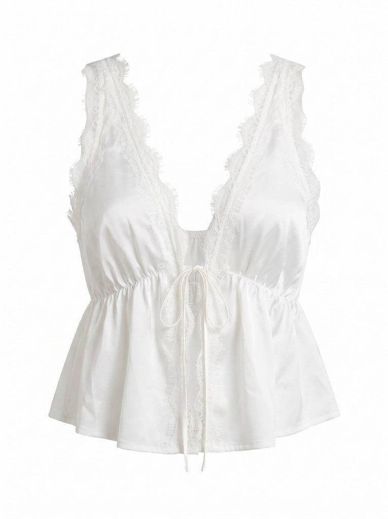 Lace Trim Tie Front Top
