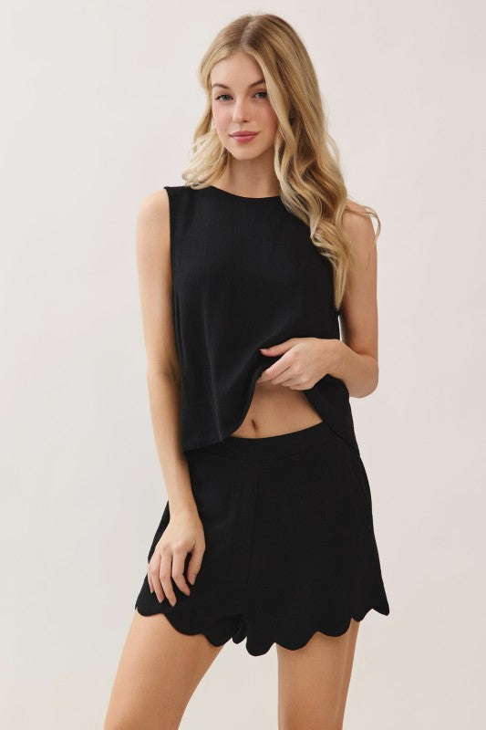 Scalloped Linen Shorts Black Set