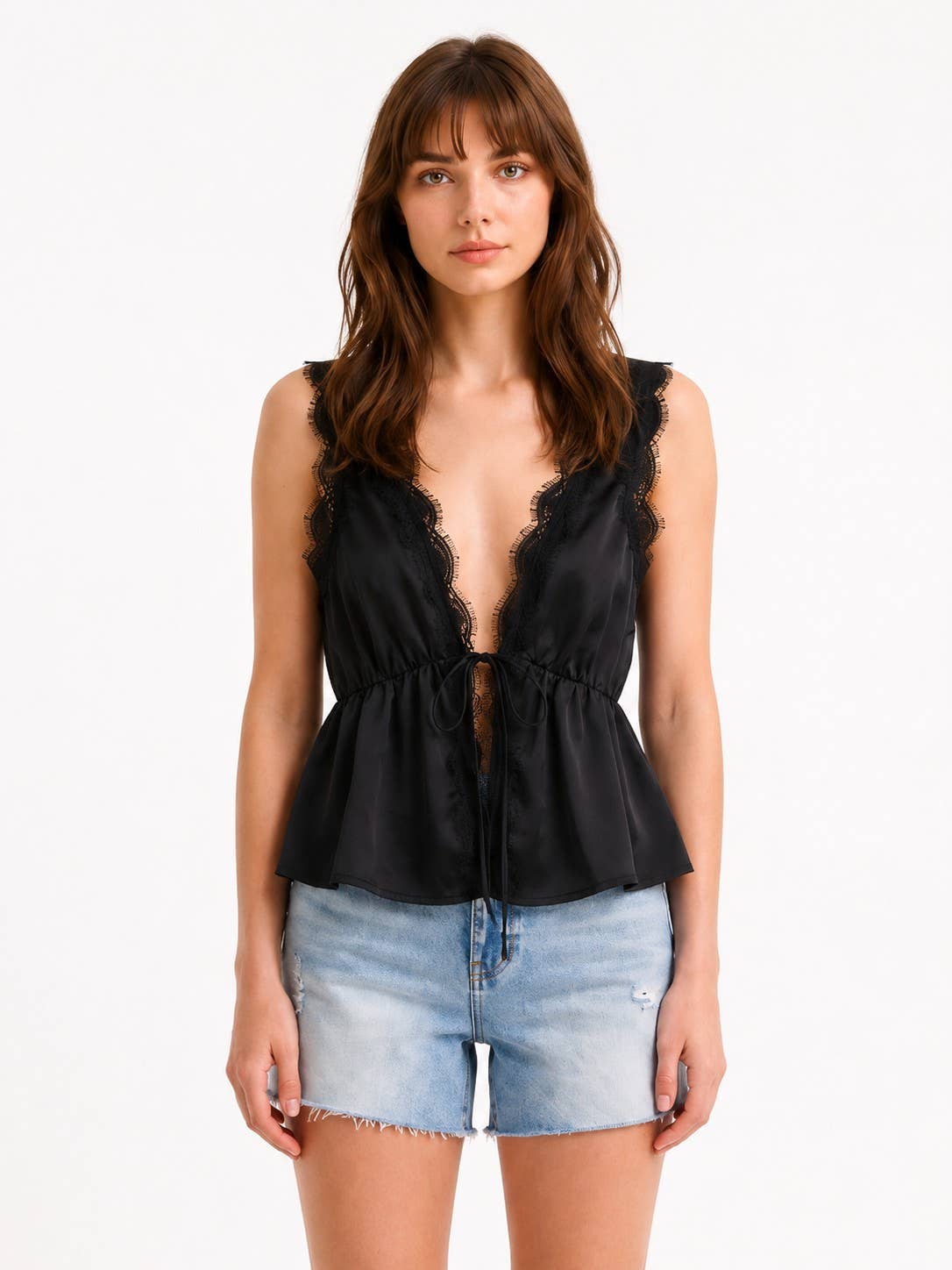 Lace Trim Tie Front Top