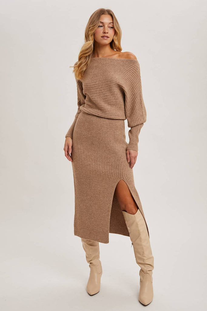 Cold Shoulder Oatmeal Sweater Dress