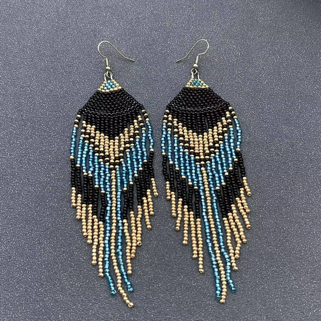 Turquoise Seed Beads Fringe Earrings