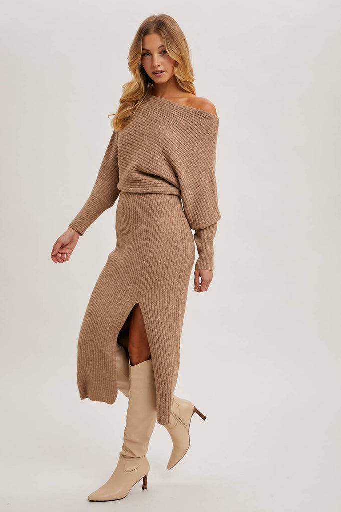 Cold Shoulder Oatmeal Sweater Dress