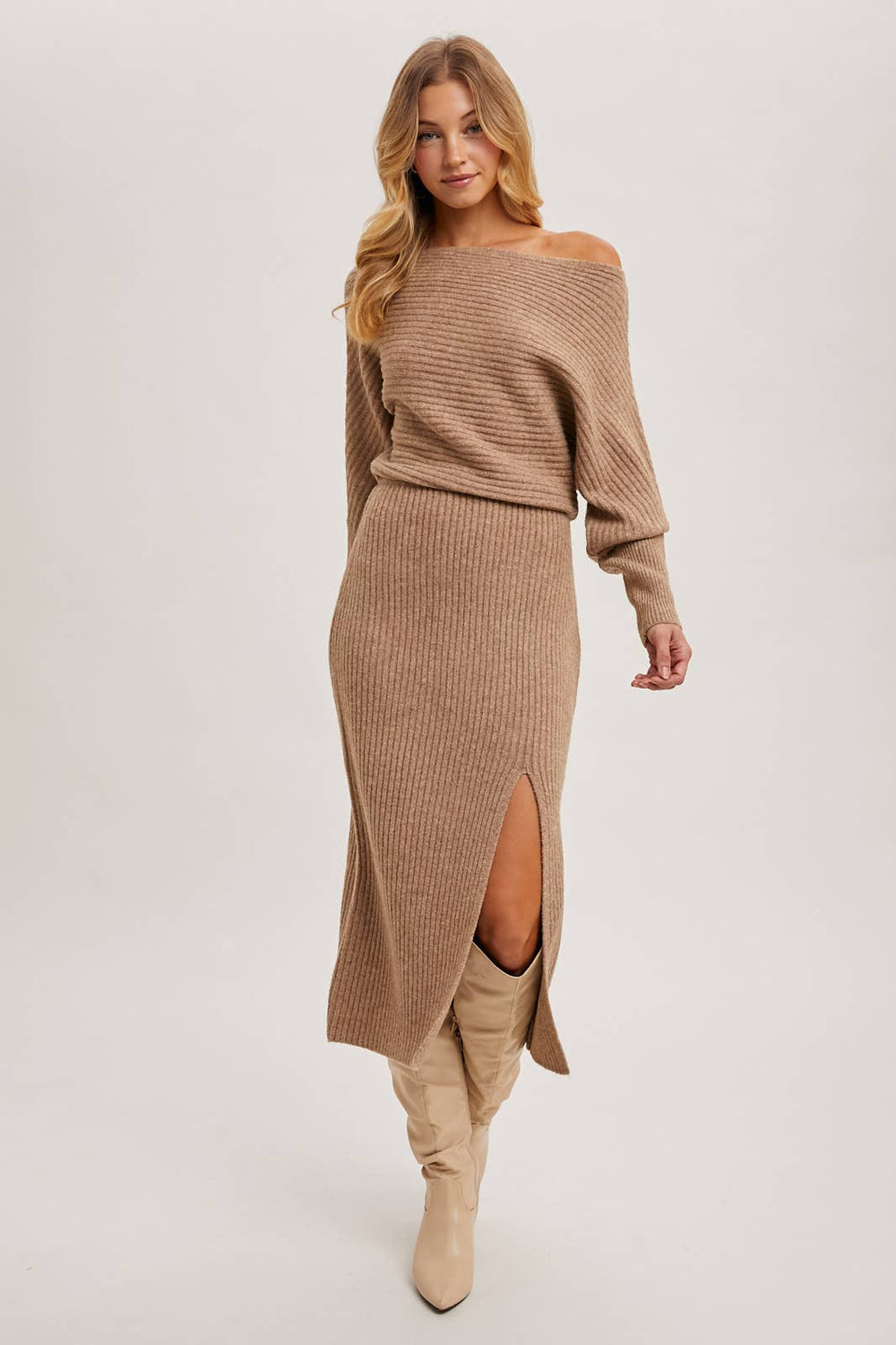 Cold Shoulder Oatmeal Sweater Dress