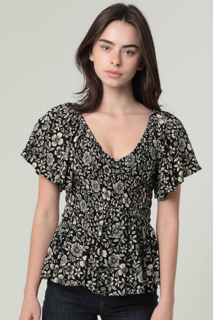 Black & Ivory Floral Smocked Top
