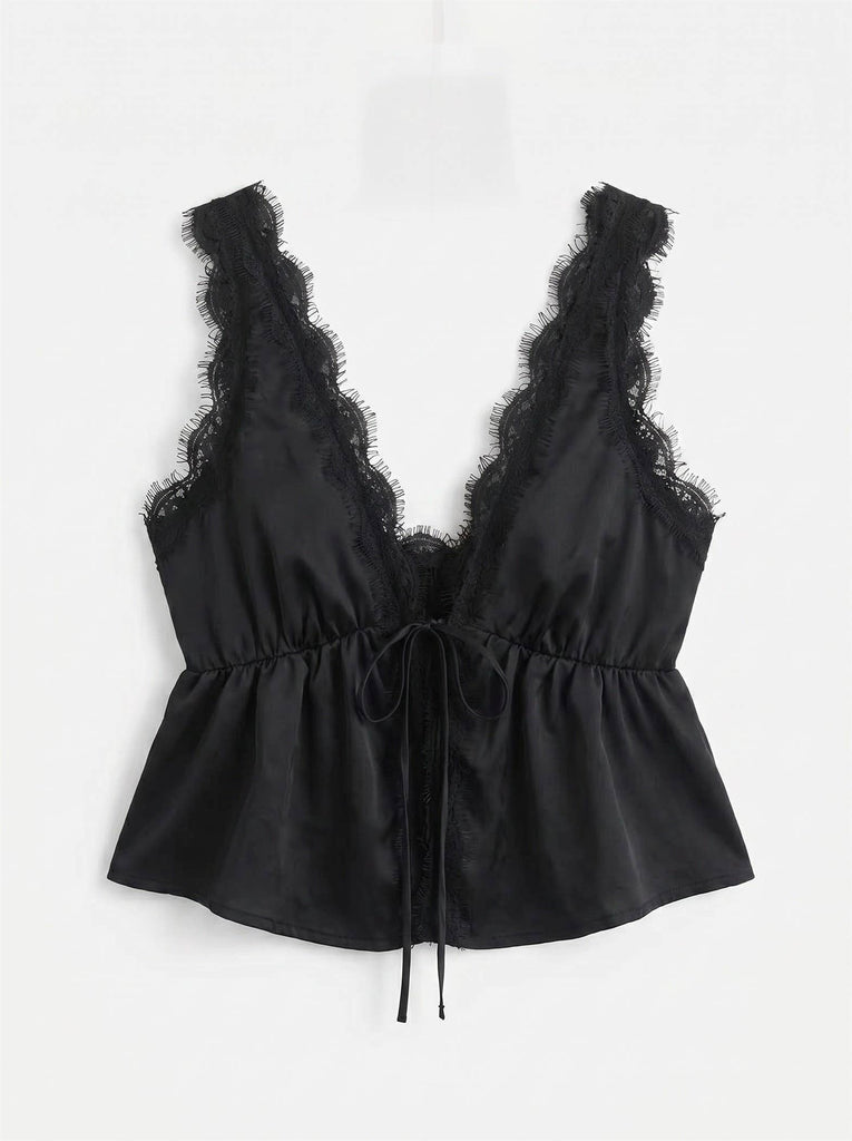 Lace Trim Tie Front Top