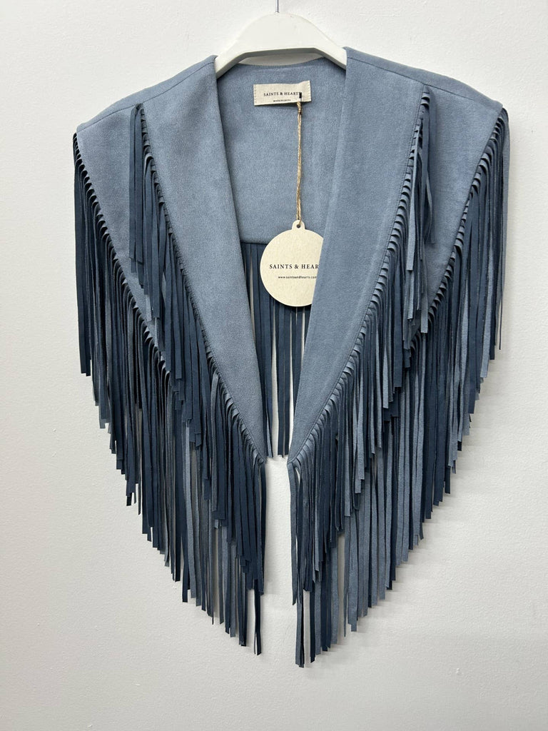 SIJ5247A DENIM BLUE WESTERN FRINGE SUEDE COLLAR / SHRUG