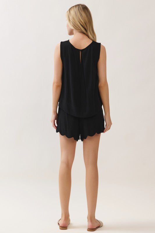 Scalloped Linen Shorts Black Set