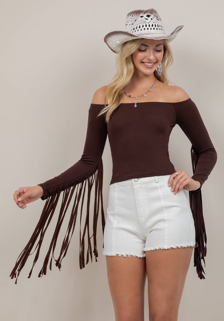 ST7130A BROWN FRINGE SLEEVE OFF THE SHOULDER TOP
