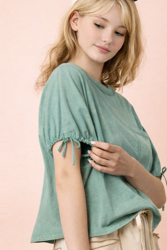 Sage Green Washed Tie Sleeve Tee