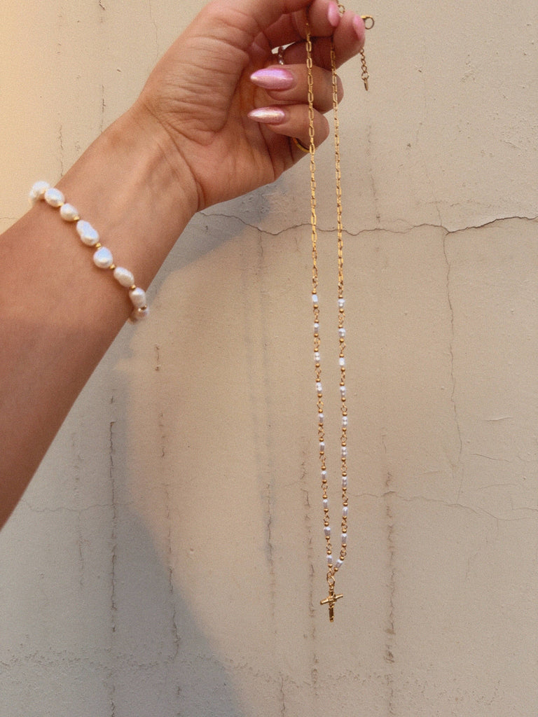 Delicate Pearl Cross Necklace