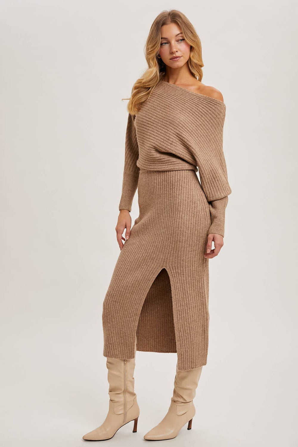 Cold Shoulder Oatmeal Sweater Dress