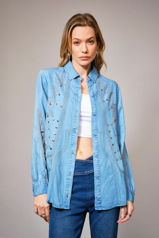 Rodeo Nights Embellished Denim Shirt