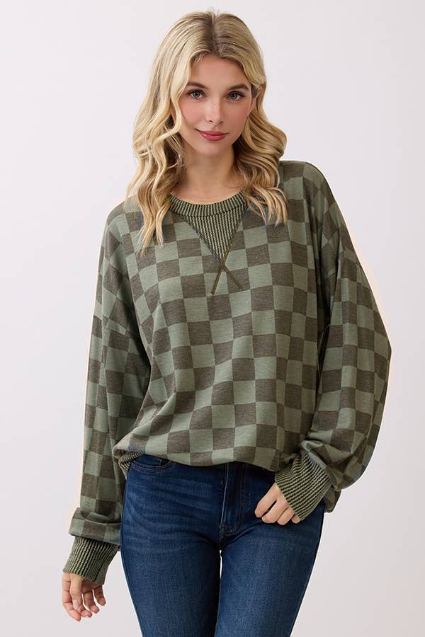 Checker Drop Shoulder Pullover