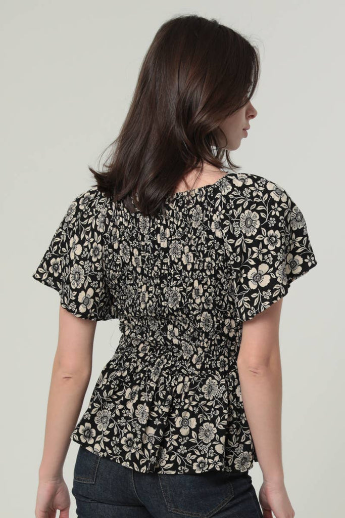 Black & Ivory Floral Smocked Top