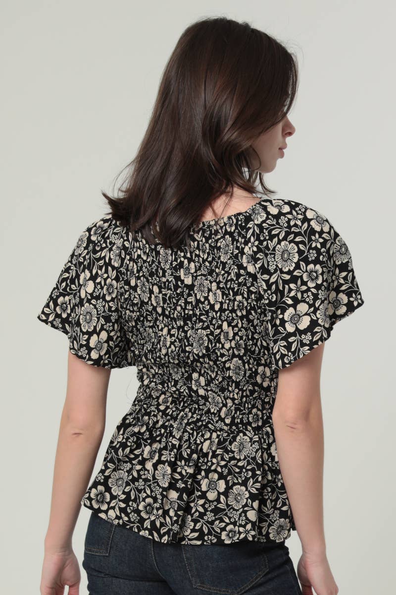 Black & Ivory Floral Smocked Top