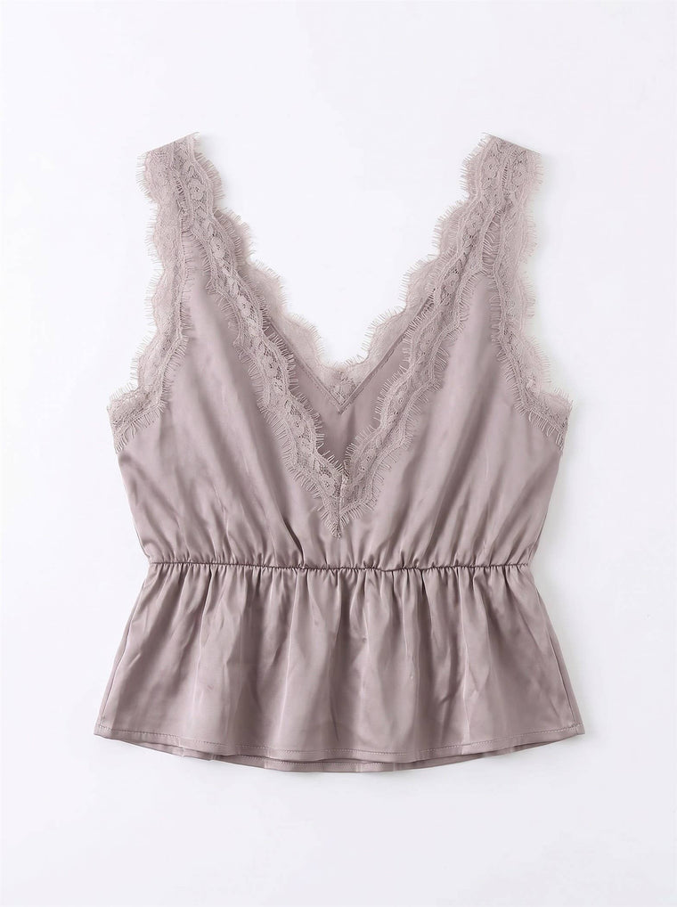 Lace Trim Tie Front Top