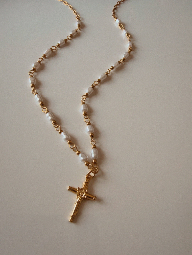 Delicate Pearl Cross Necklace