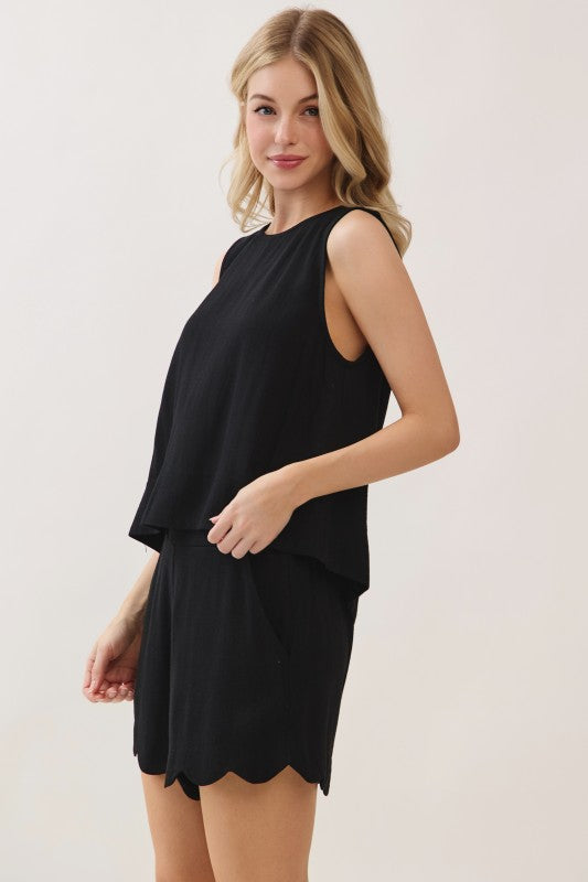 Scalloped Linen Shorts Black Set