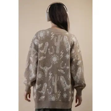 Beige Western Print Cardigan