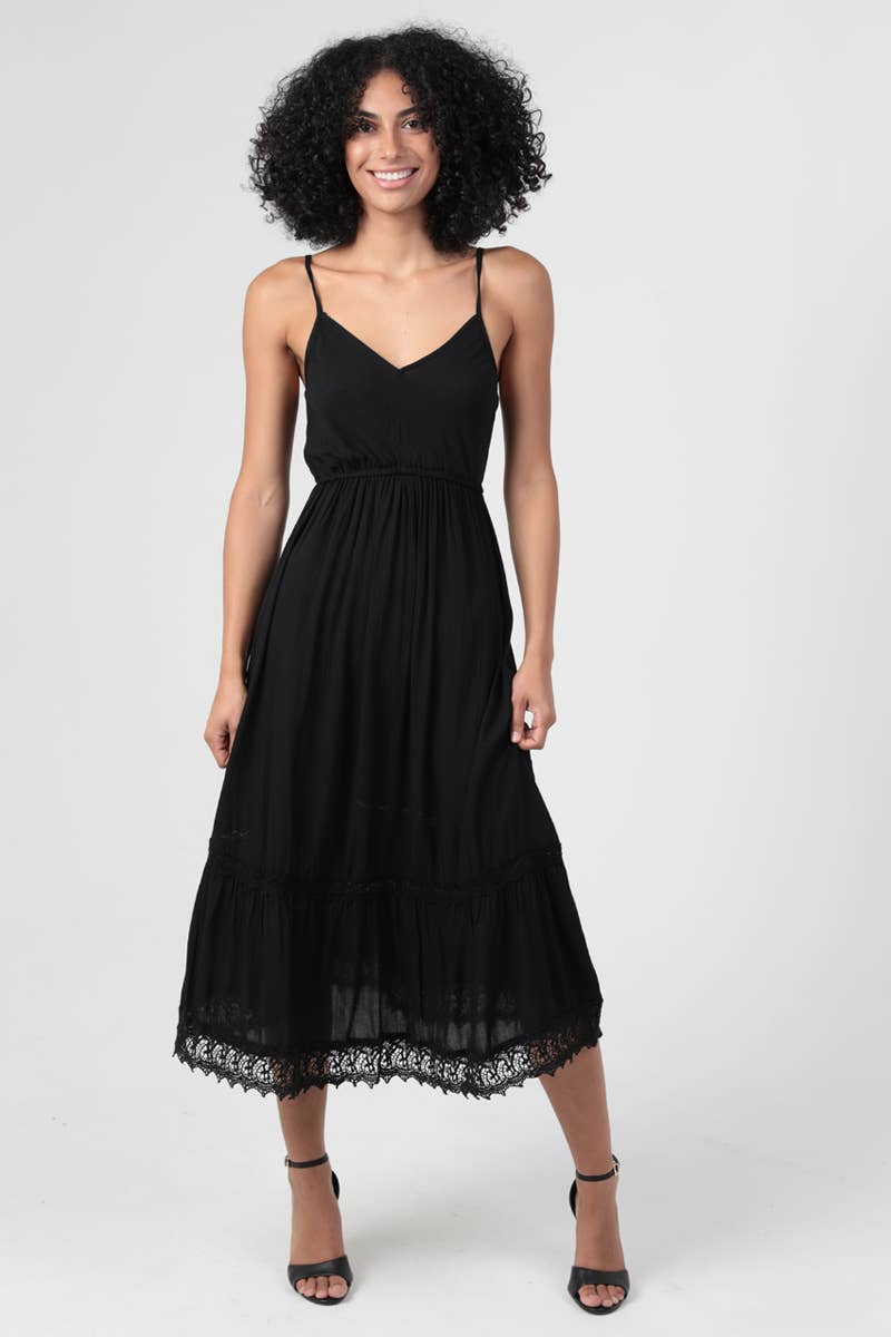 Lace Trimmed Black Midi Dress