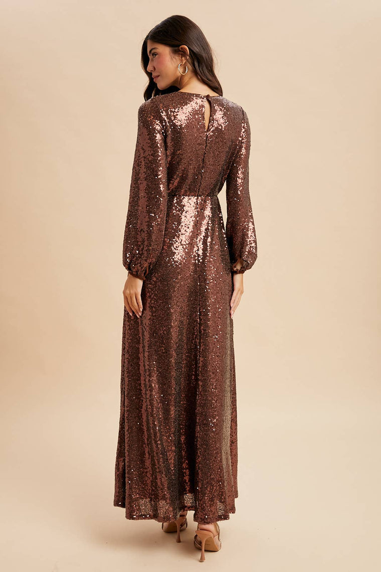 SEQUIN V NECK MAXI DRESS