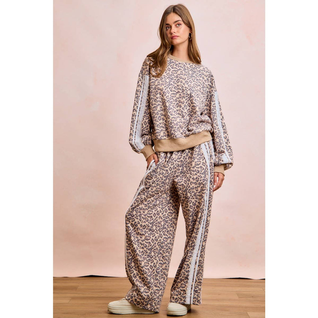 LEOPARD FRENCH TERRY LACE CONTRAST SWEATPANTS