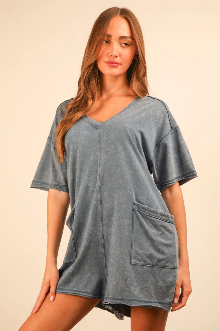 Dusty Blue Mineral Washed T-Shirt Romper