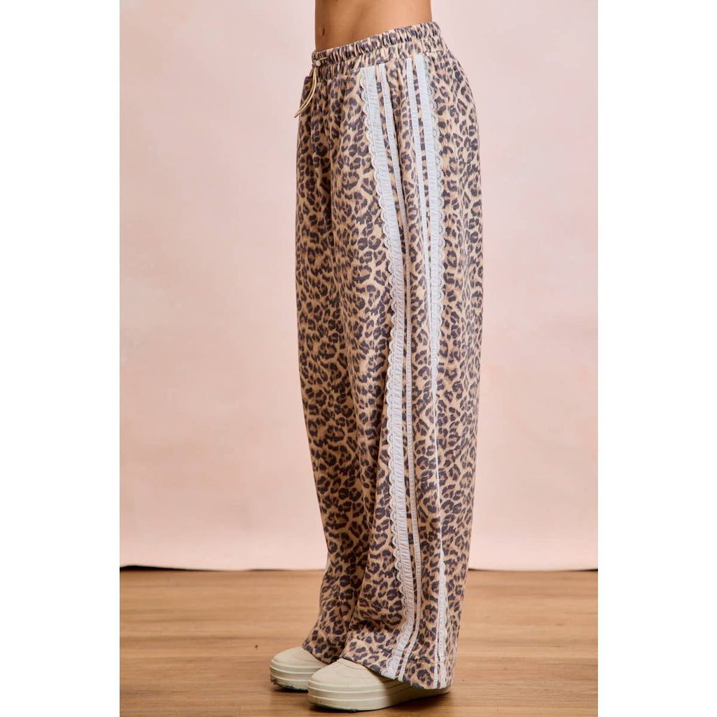 LEOPARD FRENCH TERRY LACE CONTRAST SWEATPANTS