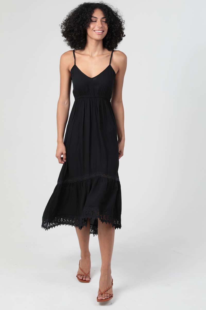 Lace Trimmed Black Midi Dress